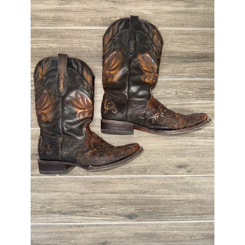 Corral Men's Brown Exotic‎ Lizard Inlay & Embroidered Western Boots 9 D